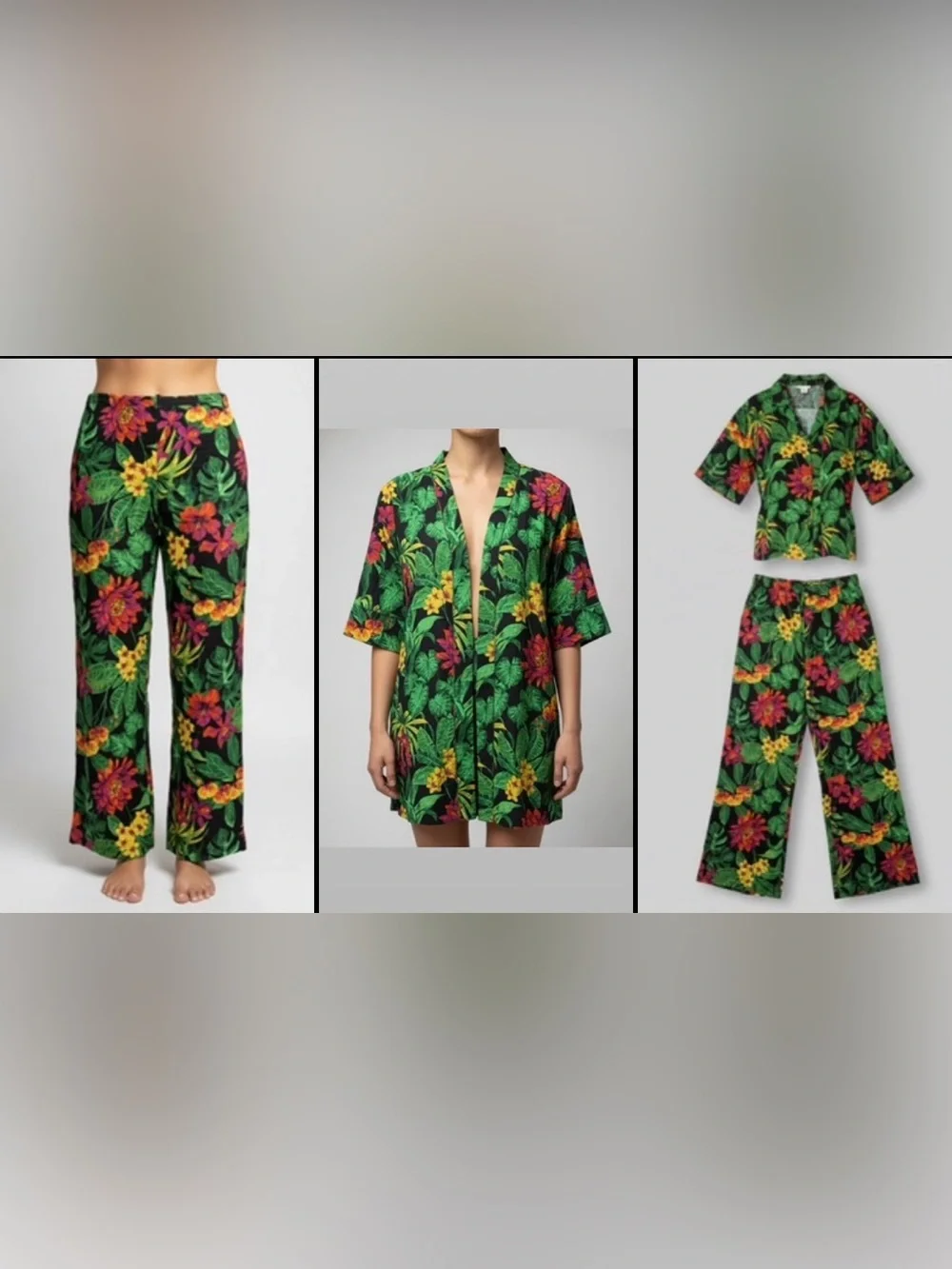 Panama Jack Tropical Floral Wide-Leg Pants & Kimono - Black, Green, Yellow, Pink - Picture 1 of 13